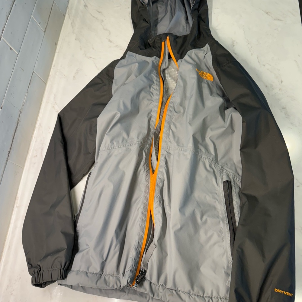 The North Face Kids Gray and Black Raincoat with Orange Trim